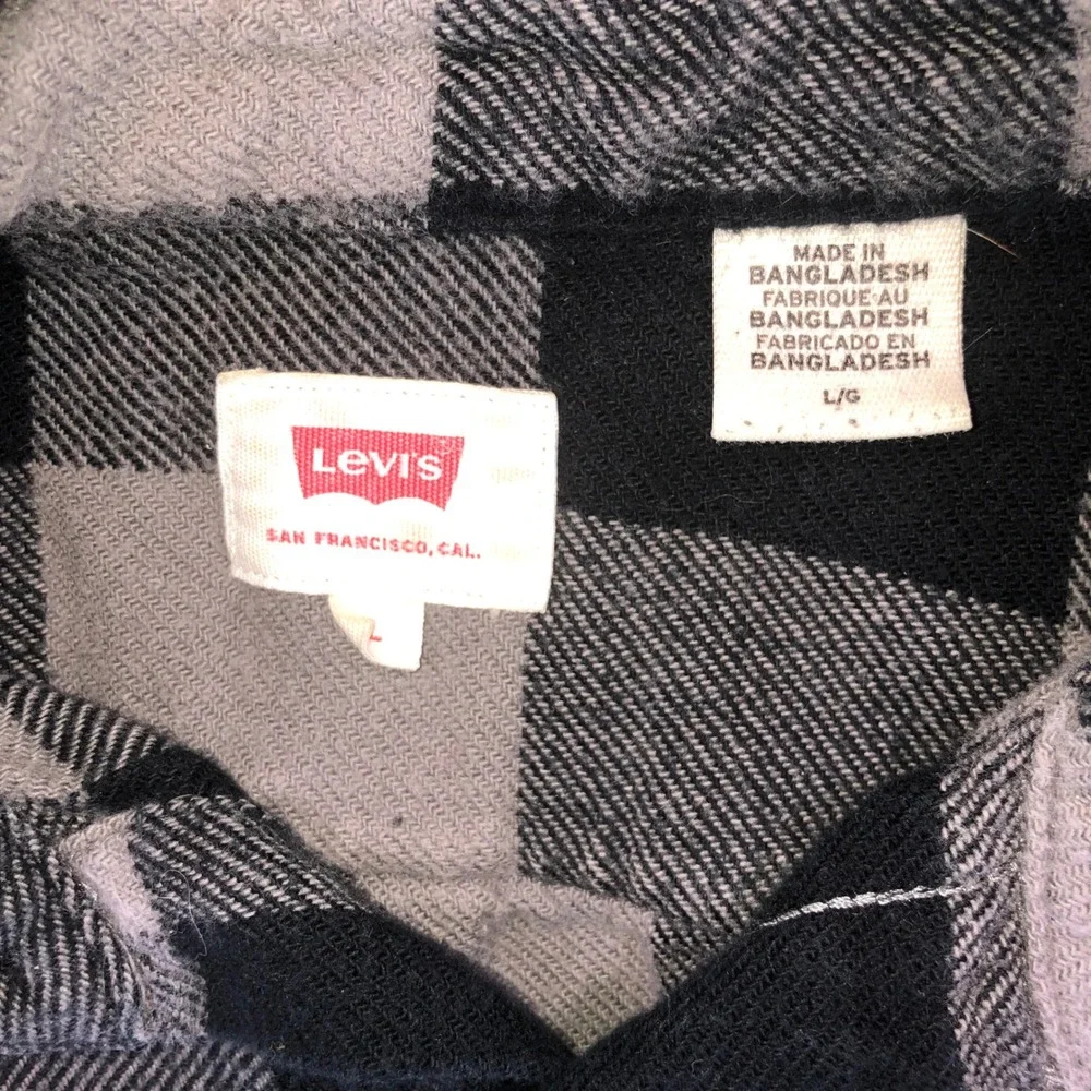 Levis Mens Buffalo Plaid Flannel Shirt Grey Black Long Sleeve Button Down Large